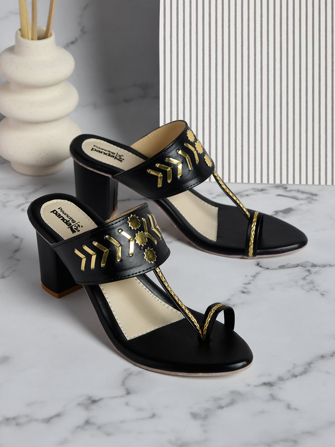 Black Ethnic Kolhapuri Triangle Heels Sandal