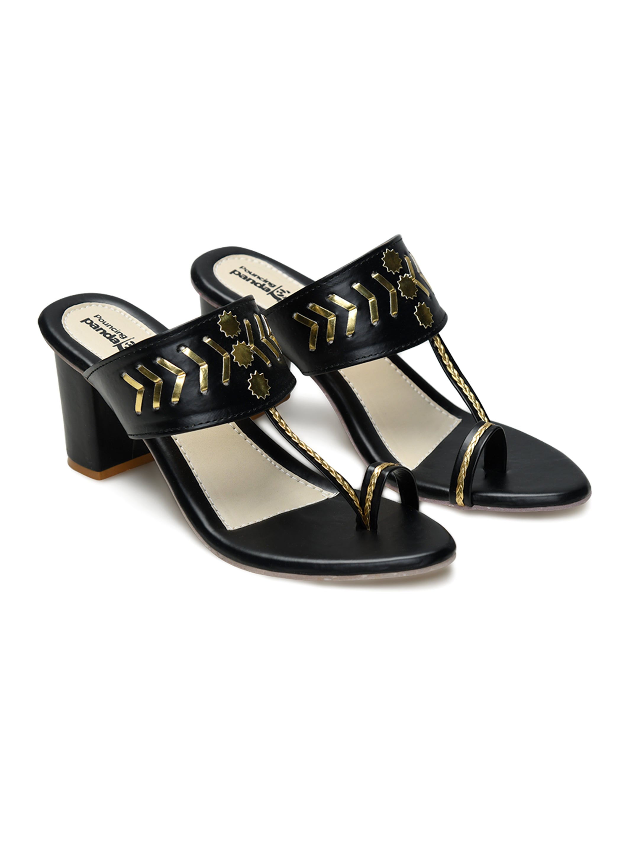 Black Ethnic Kolhapuri Triangle Heels Sandal