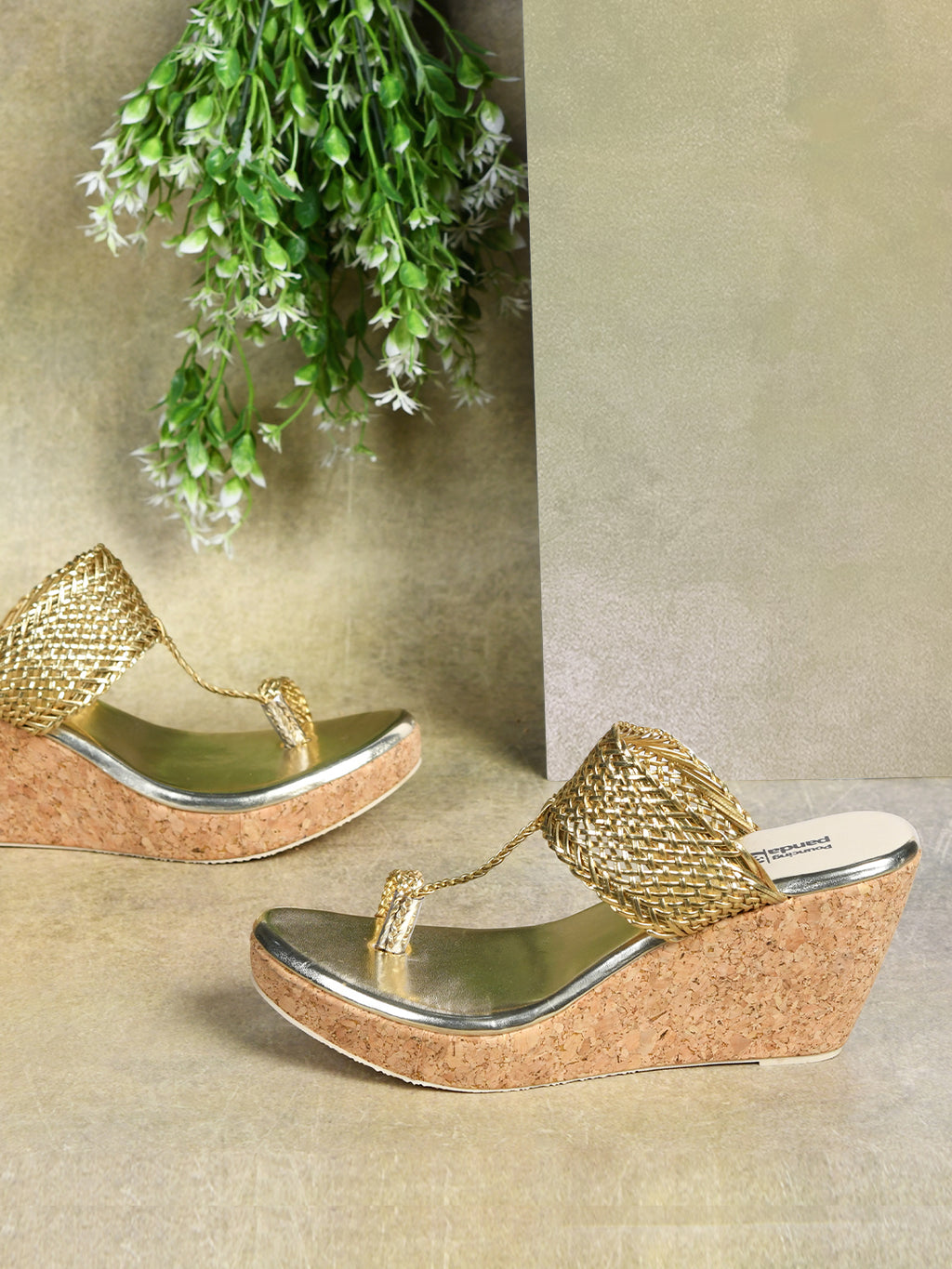 Shunya Women Comfortable Gold Braided Straps Open Round toe Wedge Toe Ring Slip-On Sandal For Casual and Wedding Occassions