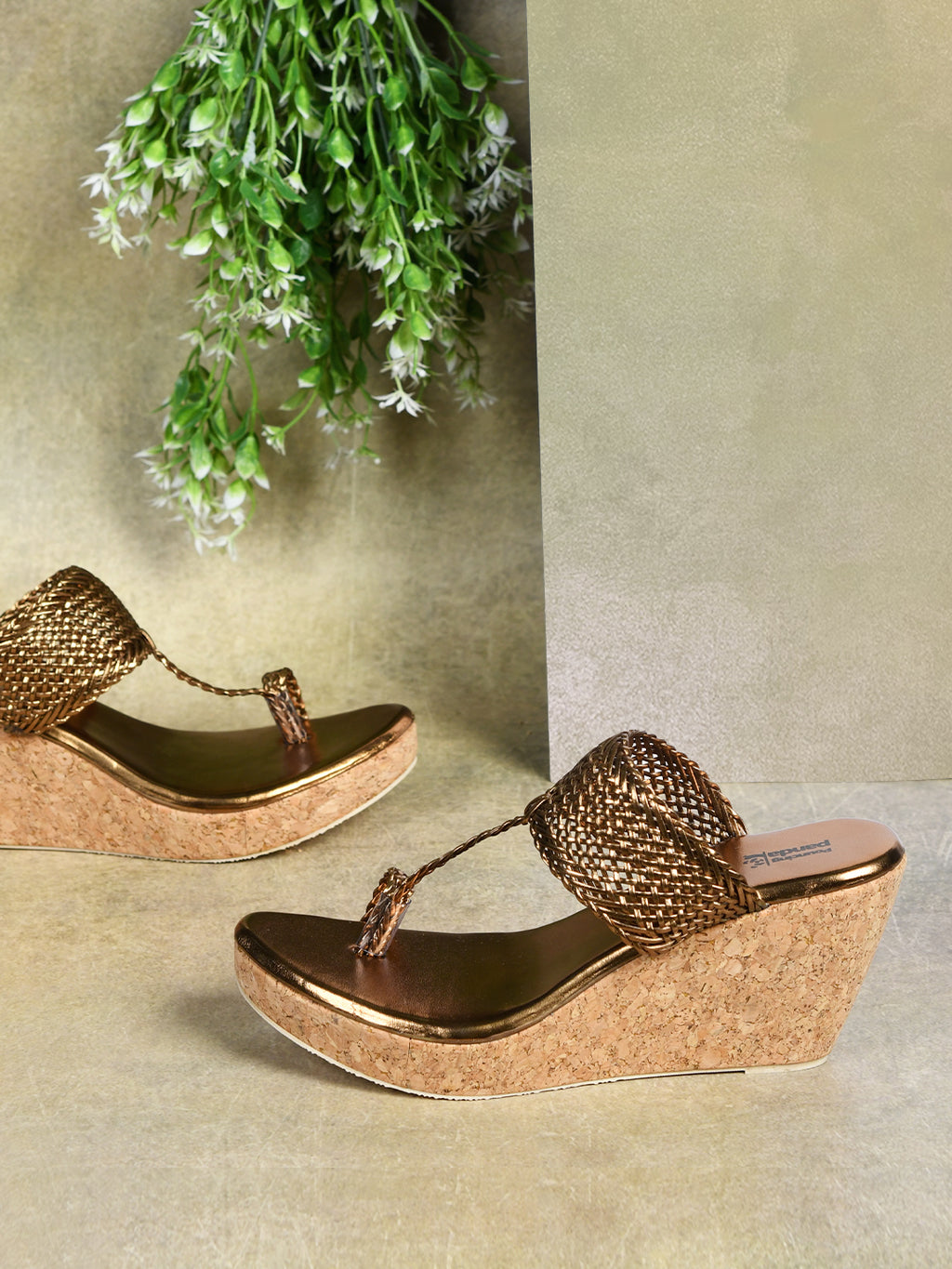 Shunya Women Comfortable Copper Braided Straps Open Round toe Wedge Toe Ring Slip-On Sandal For Casual and Wedding Occassions