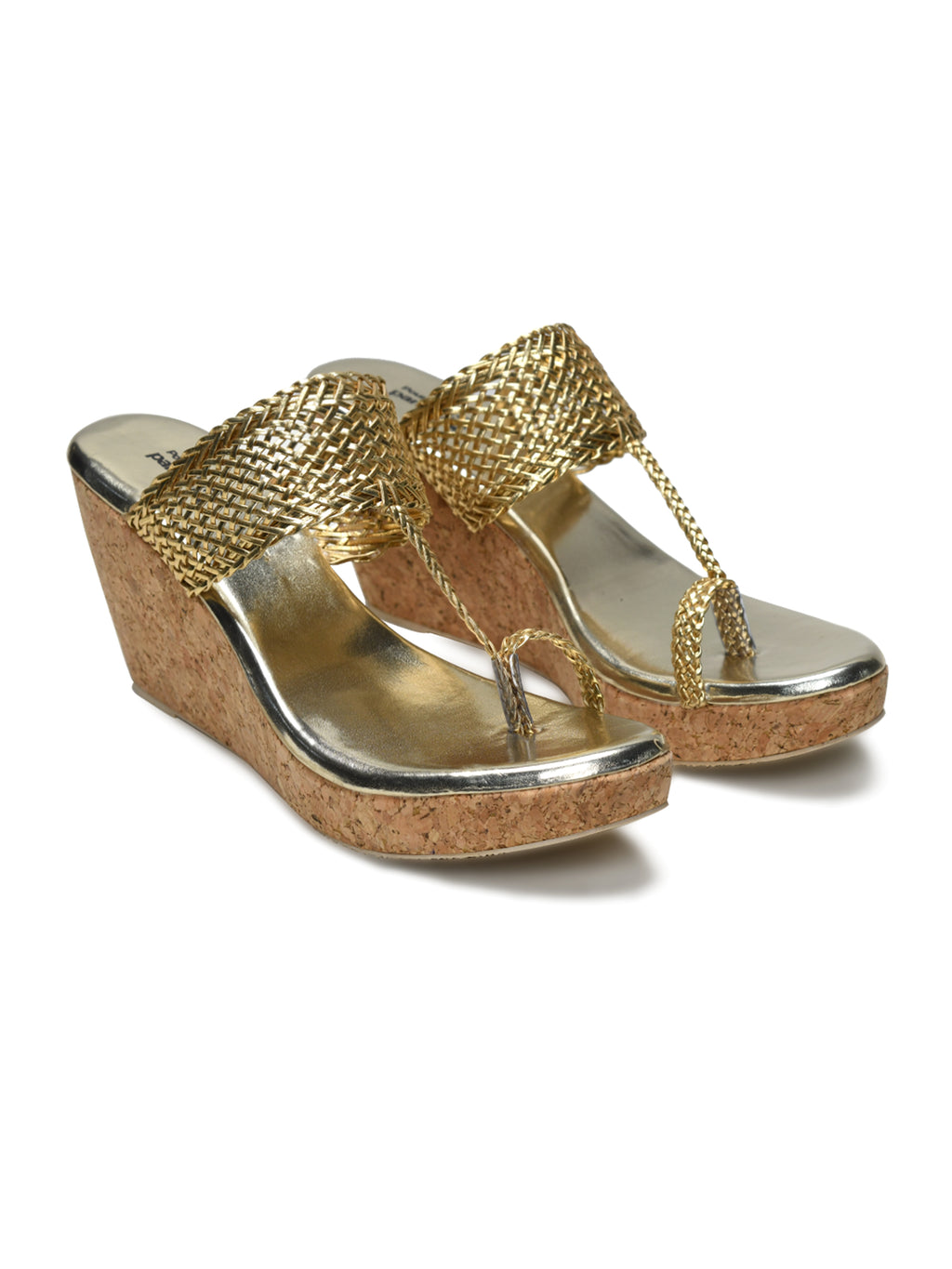 Shunya Women Comfortable Gold Braided Straps Open Round toe Wedge Toe Ring Slip-On Sandal For Casual and Wedding Occassions