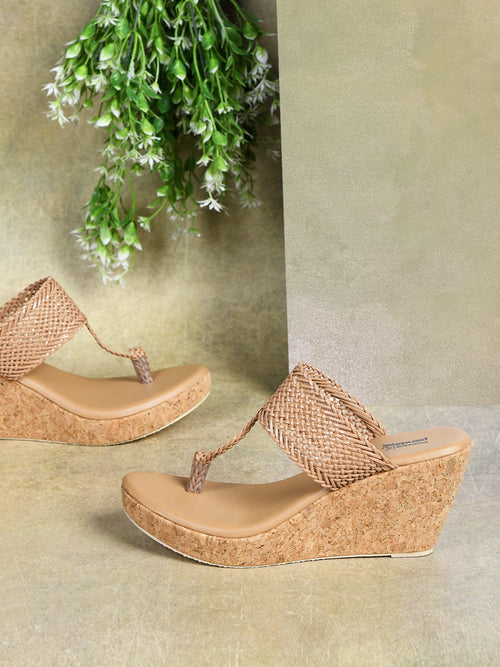 Beige Braided Toe Ring Wedge Sandal