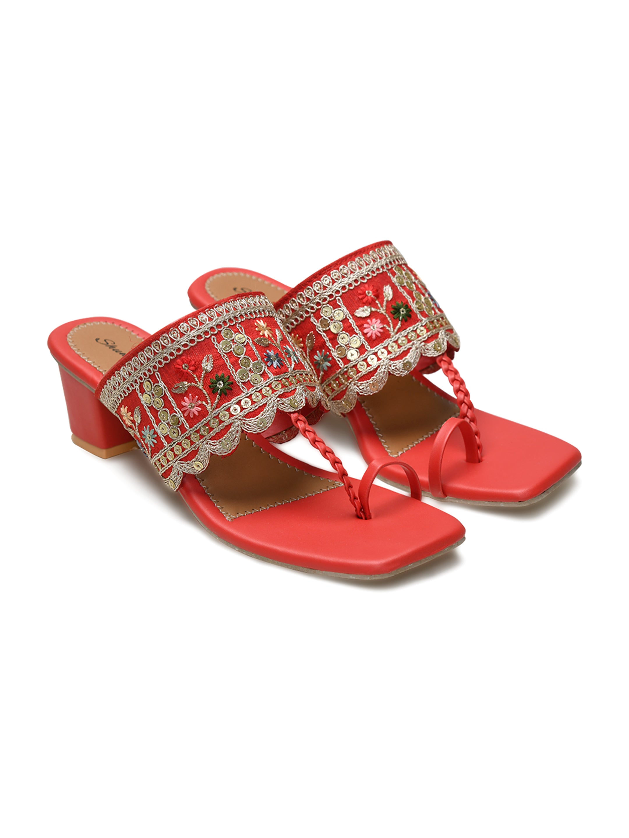 Shunya Women Comfortable Red Ethnic toe ring Hand Embroidery lace Open Square Toe Block Heel Slip-On Sandal For Traditional and Wedding Occassions