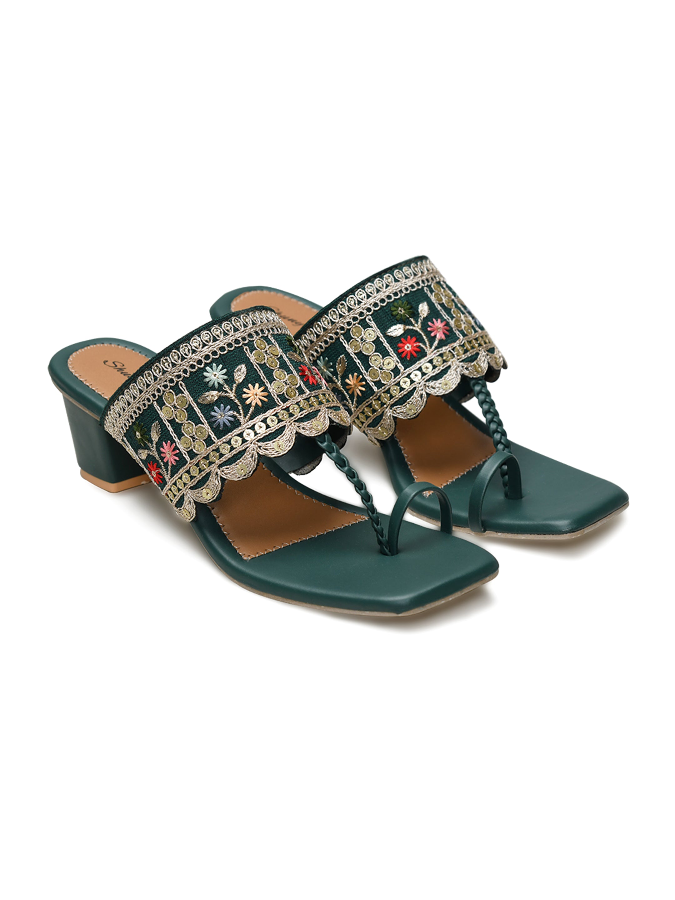 Emerald Green Embroidered Block Heel Toe-Ring Sandals