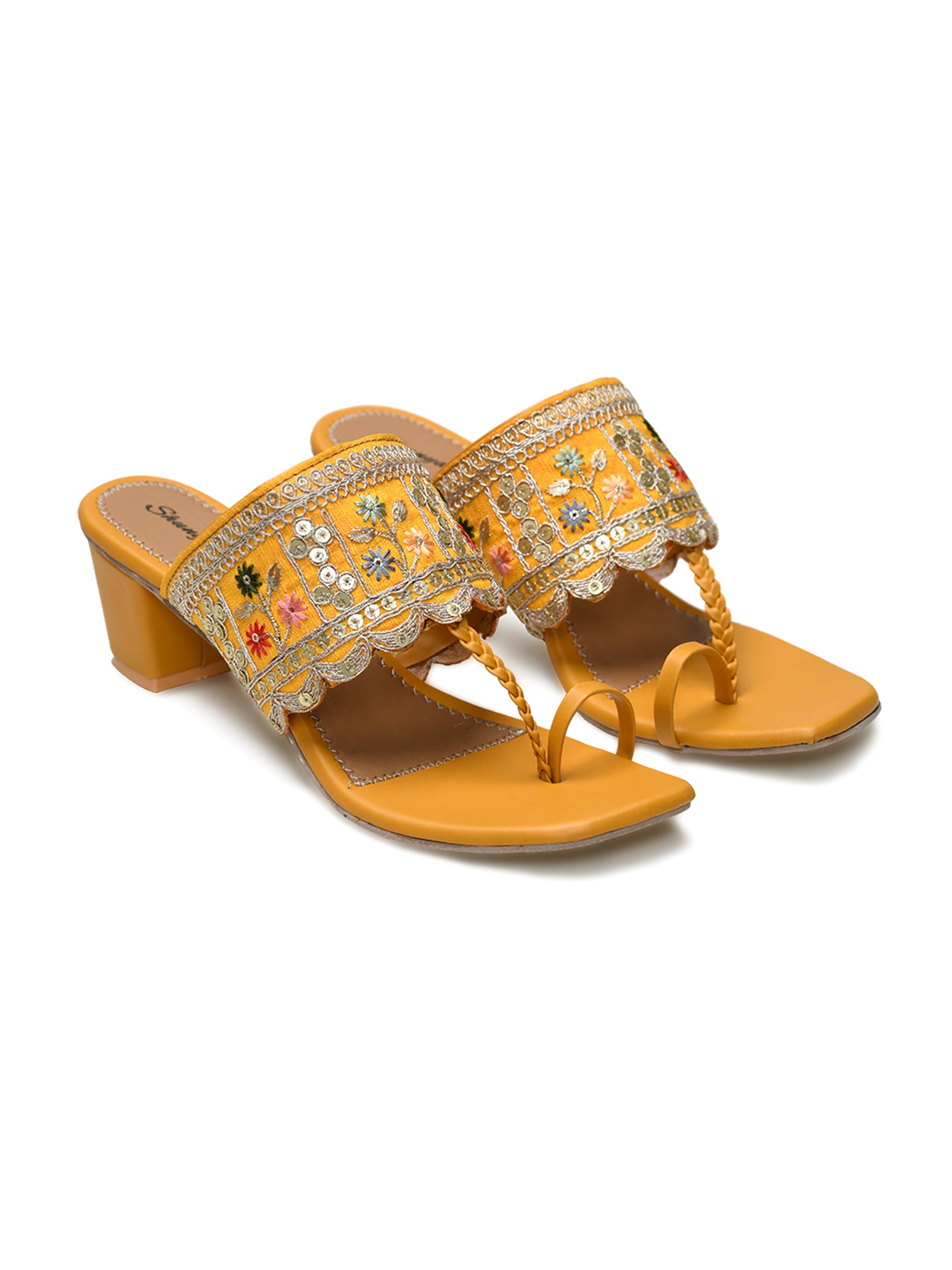 Emerald Yellow Embroidered Block Heel Toe-Ring Sandals