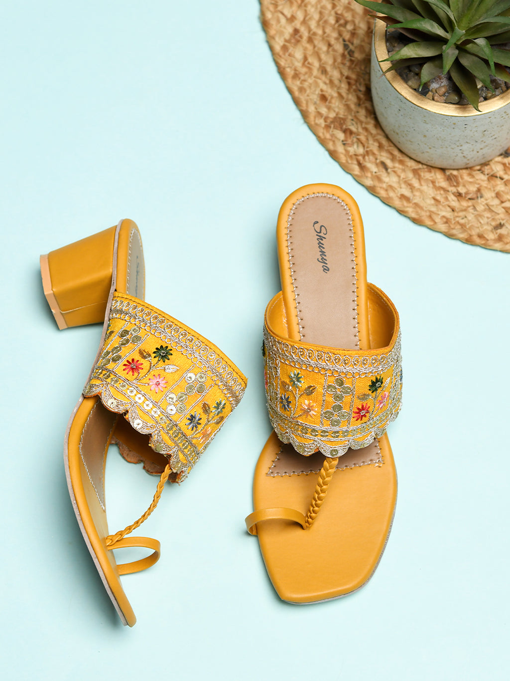 Shunya Women Comfortable Yellow Ethnic toe ring Hand Embroidery lace Open Square Toe Block Heel Slip-On Sandal For Traditional and Wedding Occassions