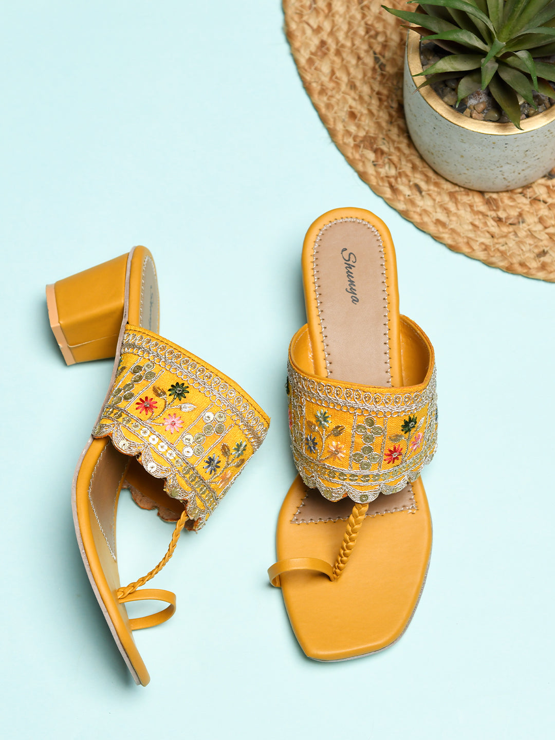 Emerald Yellow Embroidered Block Heel Toe-Ring Sandals