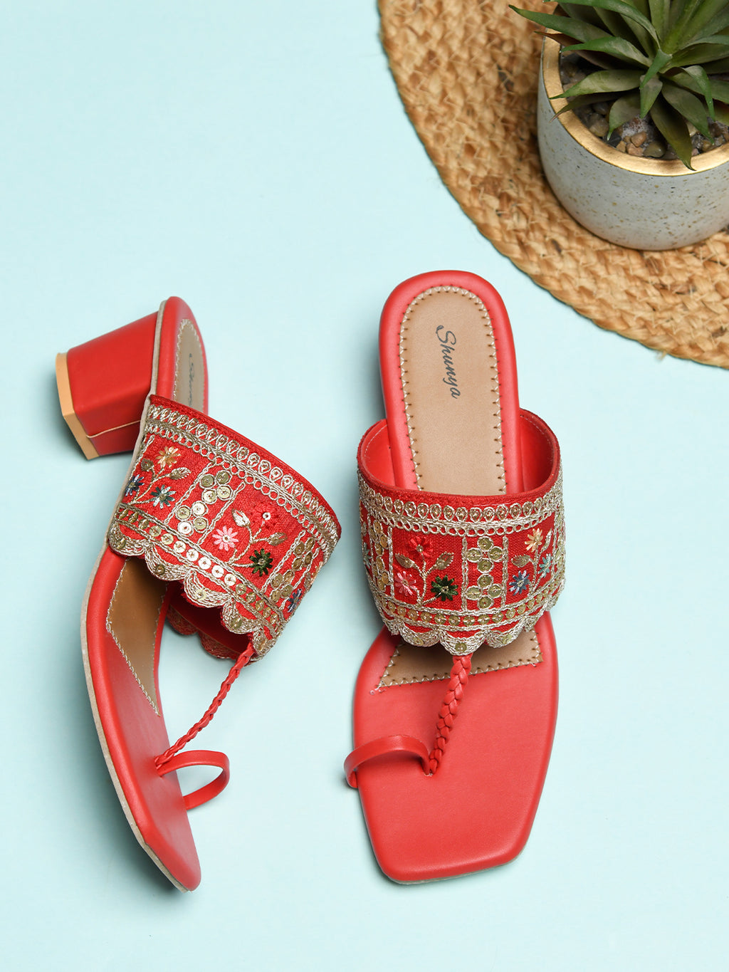 Shunya Women Comfortable Red Ethnic toe ring Hand Embroidery lace Open Square Toe Block Heel Slip-On Sandal For Traditional and Wedding Occassions