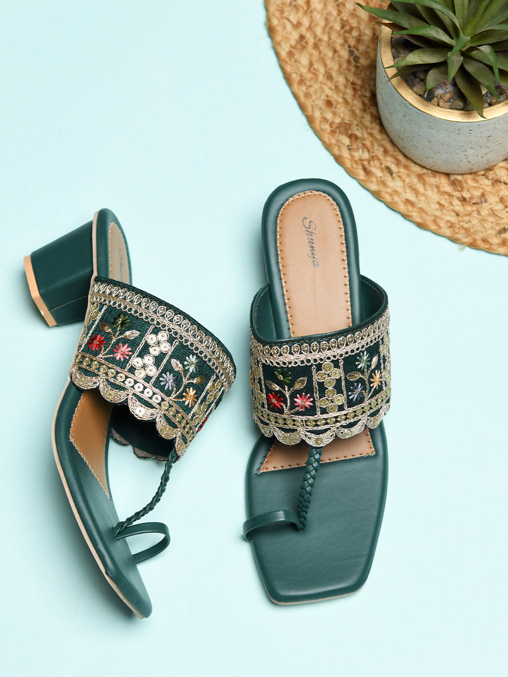 Shunya Women Comfortable Green Ethnic toe ring Hand Embroidery lace Open Square Toe Block Heel Slip-On Sandal For Traditional and Wedding Occassions