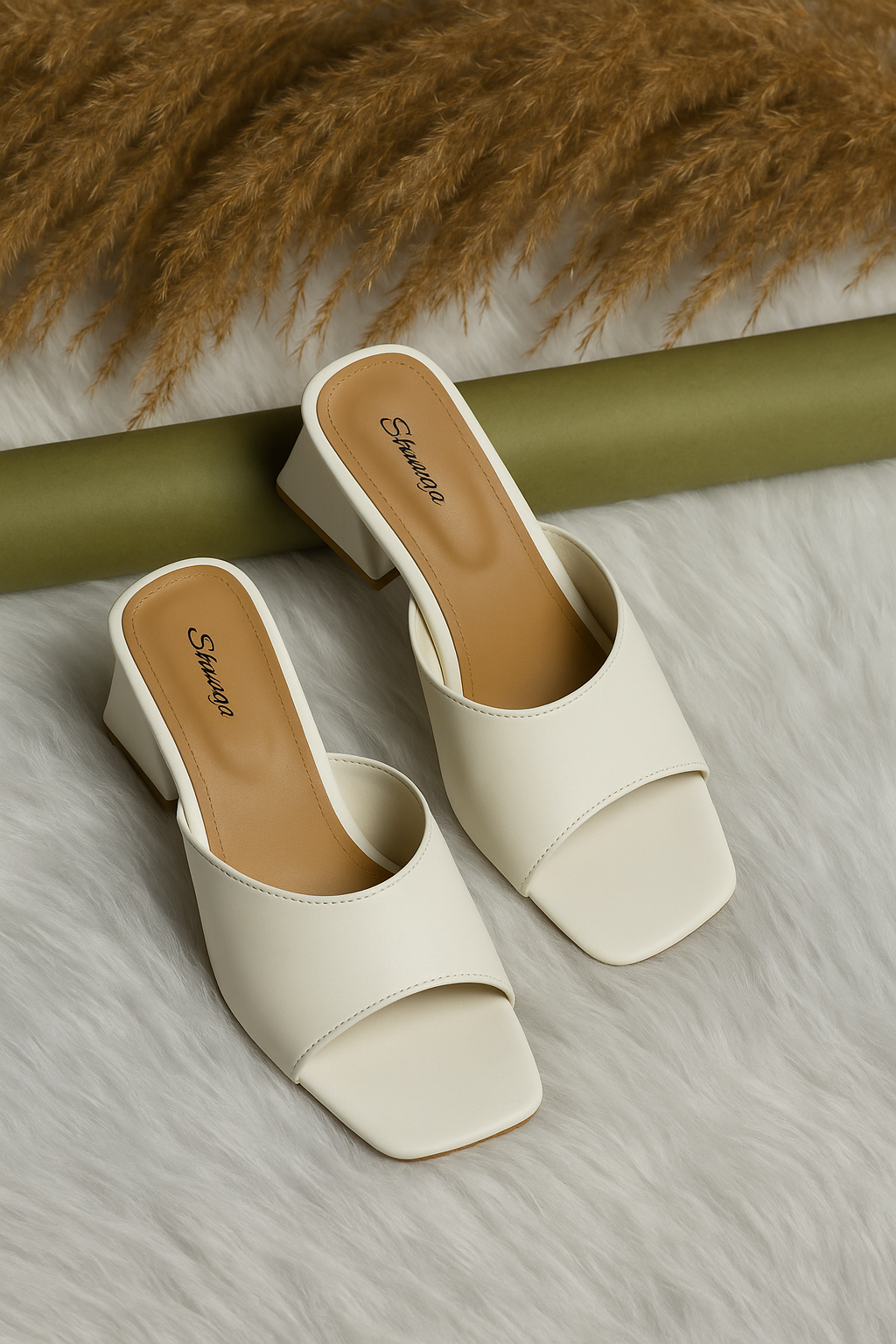 Shunya Women Comfortable White Open Square Toe Slip-On Sandal with Trending triangle Block Heel Sandal For Casual and Official Occassions