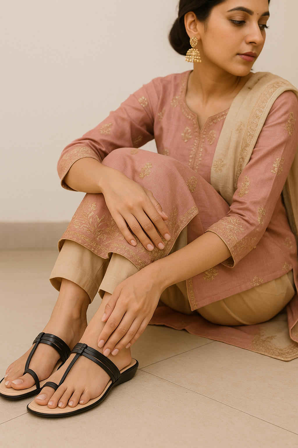 Trendy Black Toe-Loop Flat Sandals for Women | Comfortable & Stylish Daily Wear Chappal