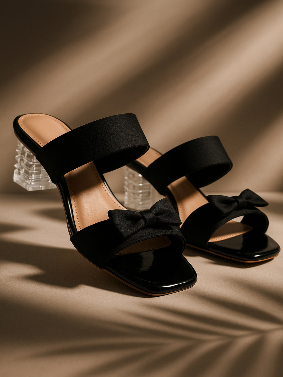 Shunya Women’s Black Bow Heels | Stylish Transparent Block Heels with Double Strap Design for Party & Evening Wear
