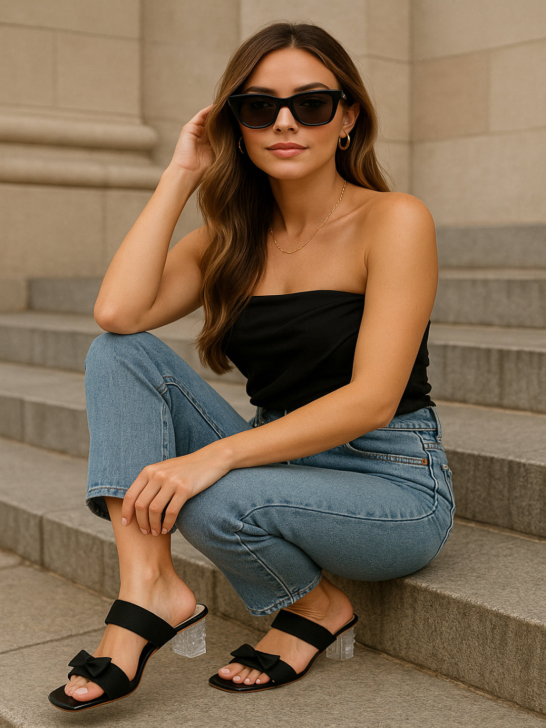 Shunya Women’s Black Bow Heels | Stylish Transparent Block Heels with Double Strap Design for Party & Evening Wear