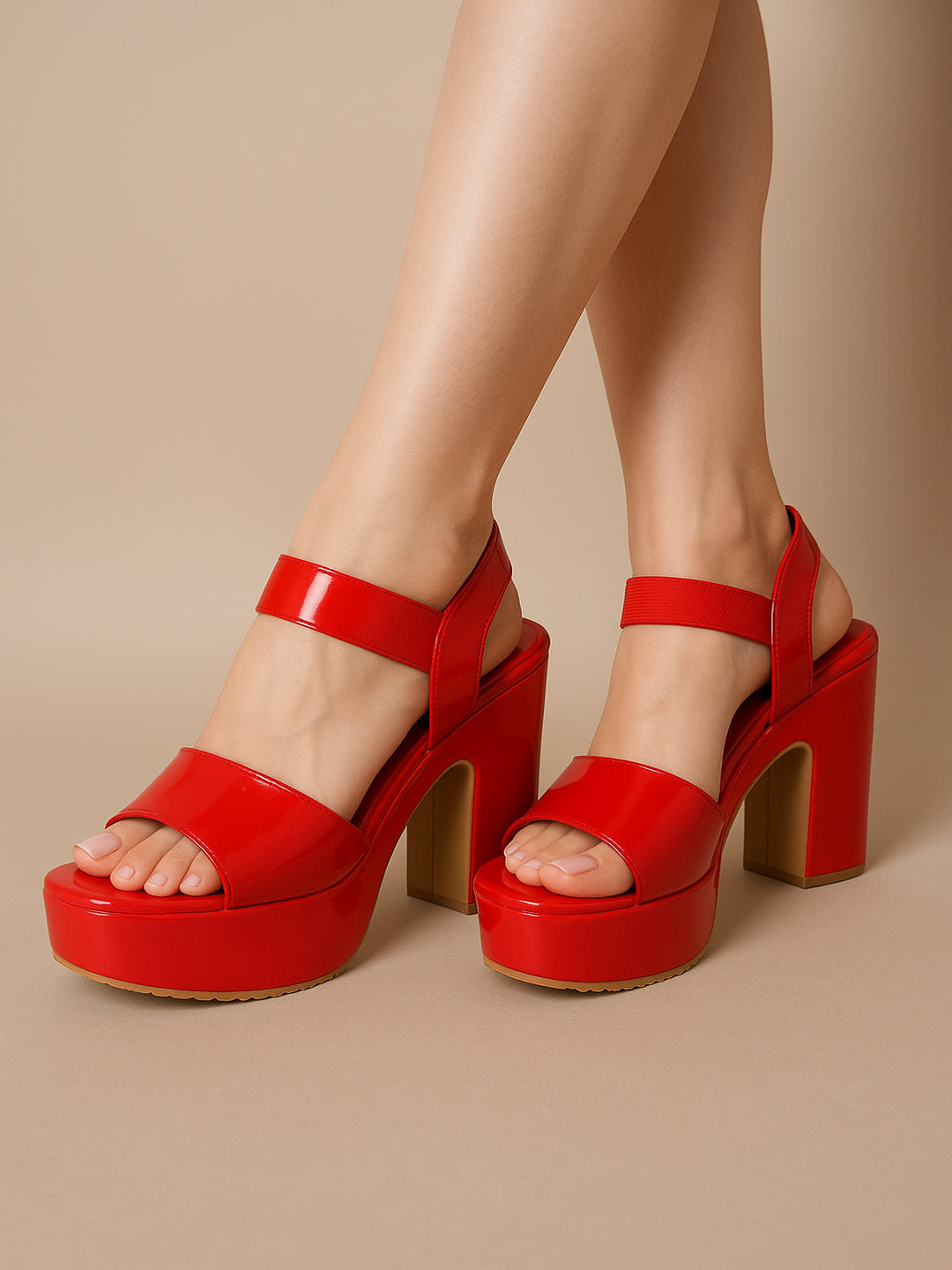Red Smart Slip on Slides Mules Platform Round Toe Wedge Sandals Ankle Loop Open Toe Heel Sandals for Casual and wedding occassions