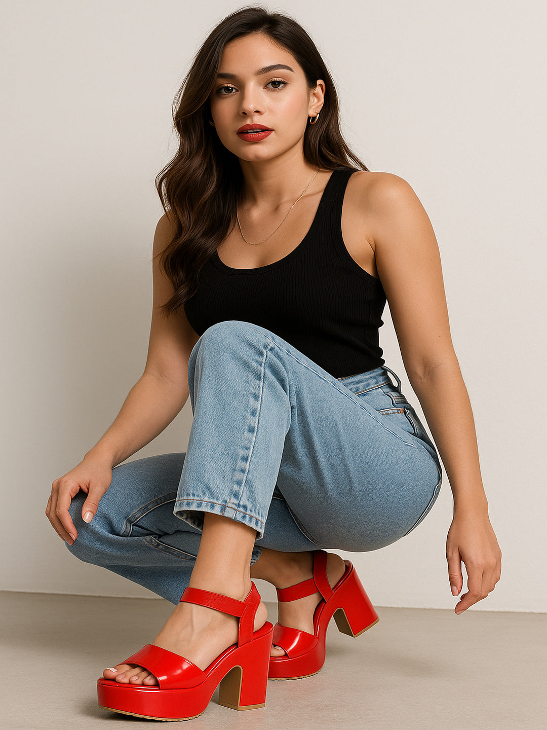 Red Smart Slip on Slides Mules Platform Round Toe Wedge Sandals Ankle Loop Open Toe Heel Sandals for Casual and wedding occassions