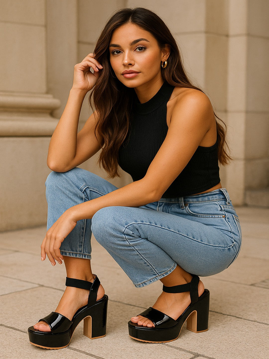 Black Smart Slip on Slides Mules Platform Round Toe Wedge Sandals Ankle Loop Open Toe Heel Sandals for Casual and wedding occassions