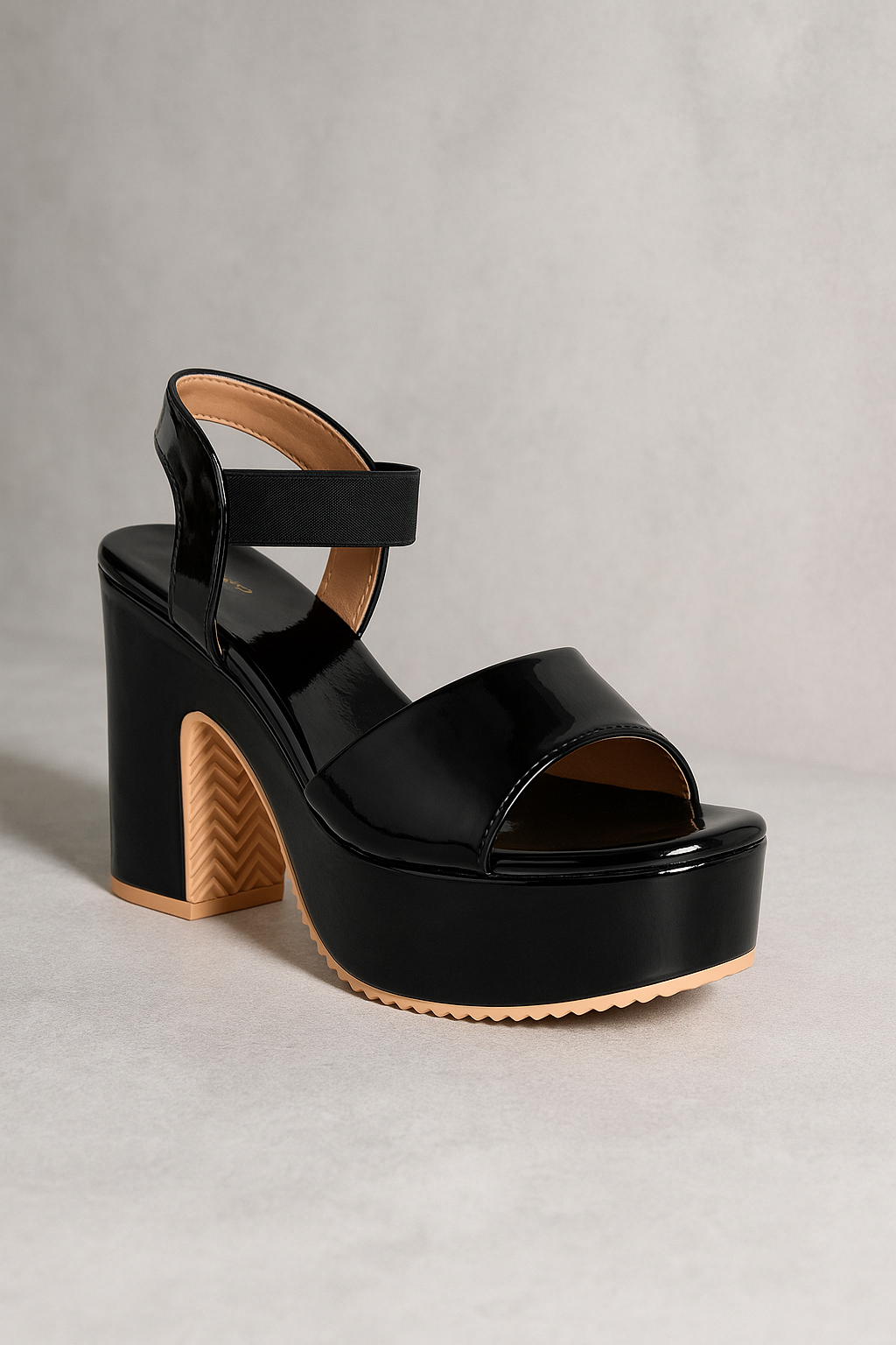 Shunya Women Black Patent Block Heel Sandals | Glossy Party Wear Heels with Ankle Strap