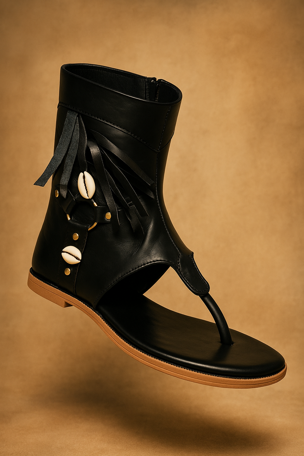 Black Tribal Boho Flat Sandals for Women | Cowrie Shell & Fringe Gladiator Style