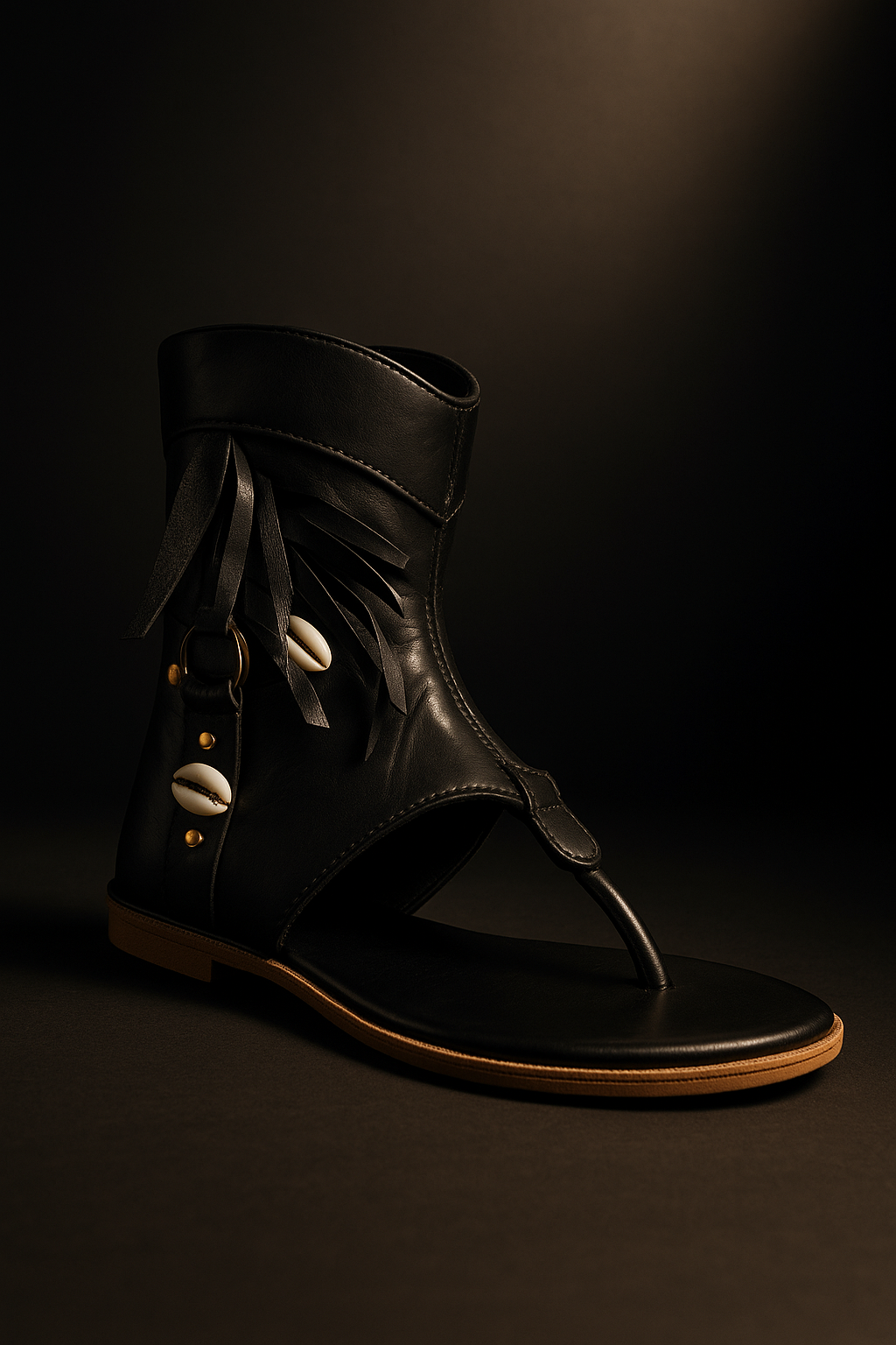 Women’s Boho Black Gladiator Sandals | Fringe & Cowrie Shell Flat Sandals for Ethnic & Fusion Wear