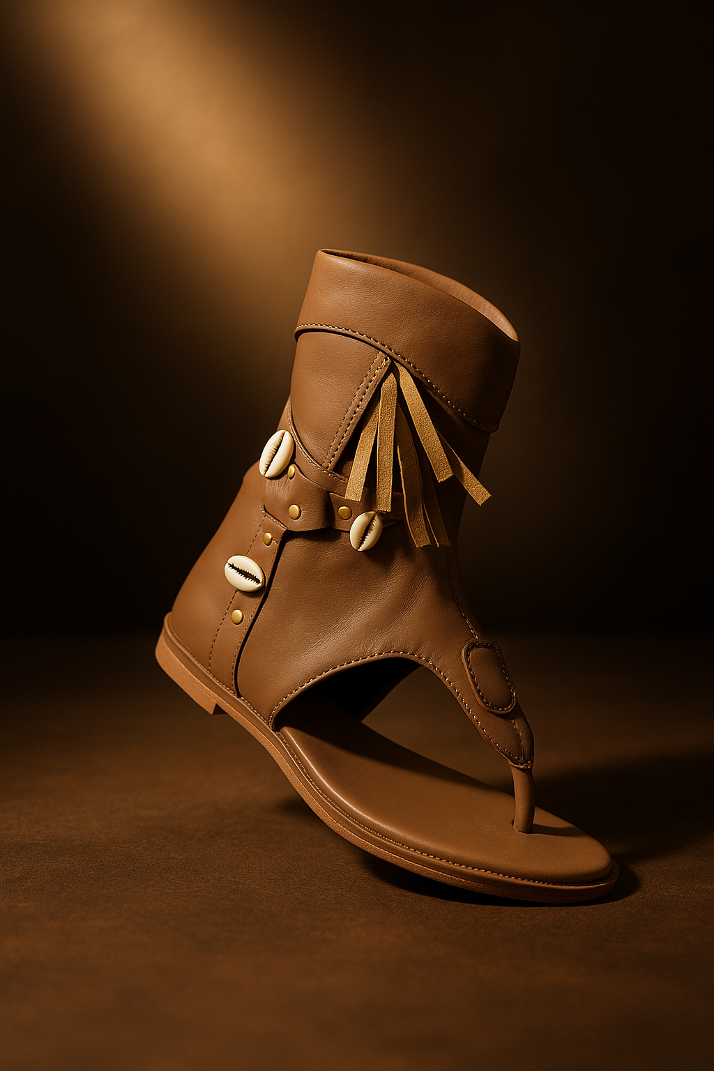 Beige Tribal Boho Flat Sandals for Women | Cowrie Shell & Fringe Gladiator Style