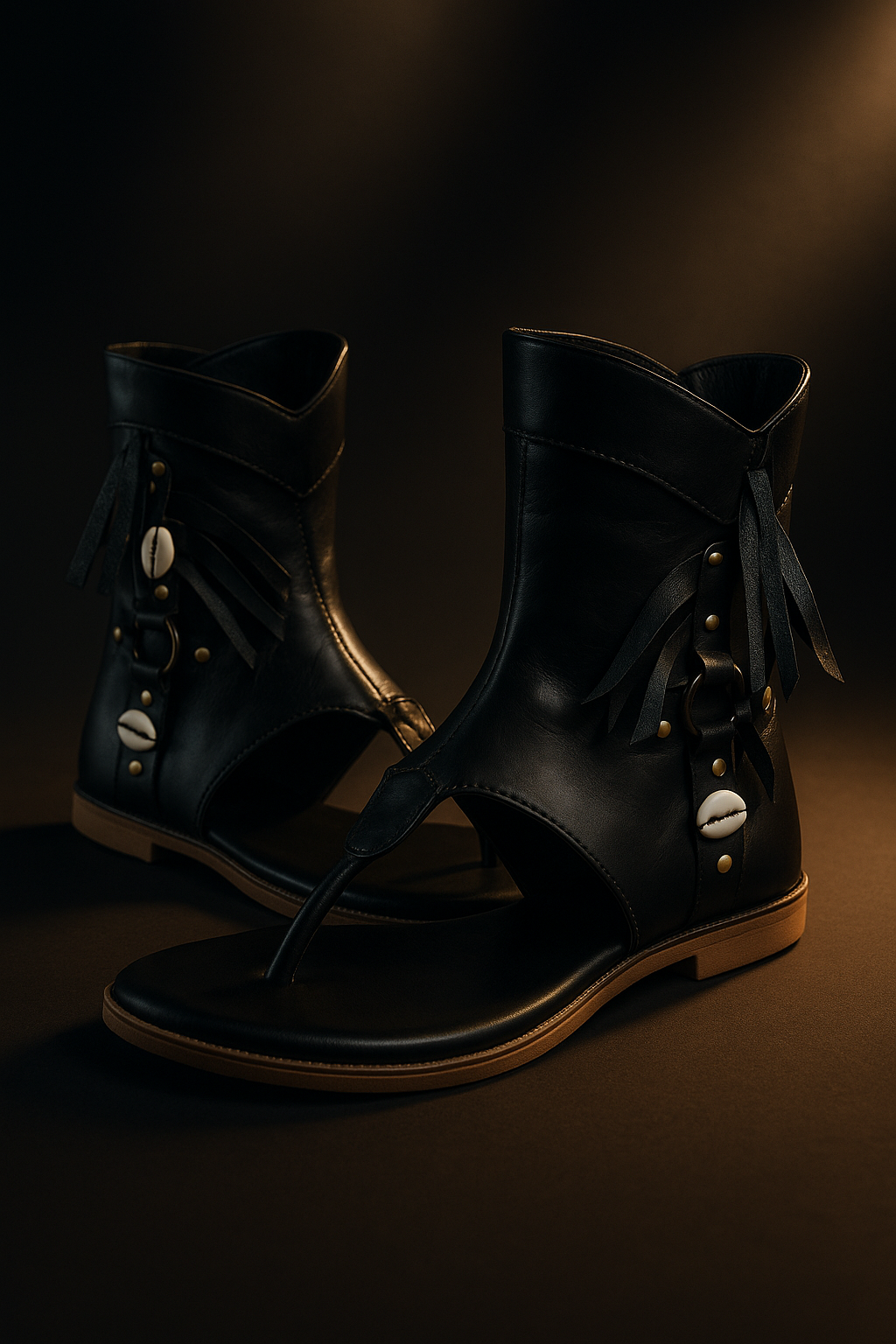 Black Tribal Boho Flat Sandals for Women | Cowrie Shell & Fringe Gladiator Style