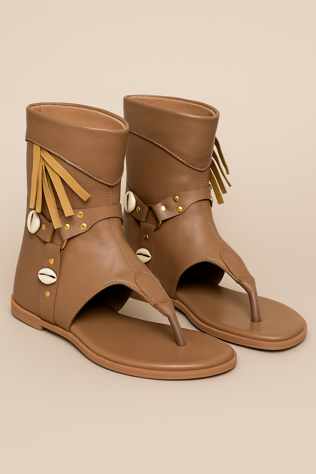 Beige Tribal Boho Flat Sandals for Women | Cowrie Shell & Fringe Gladiator Style