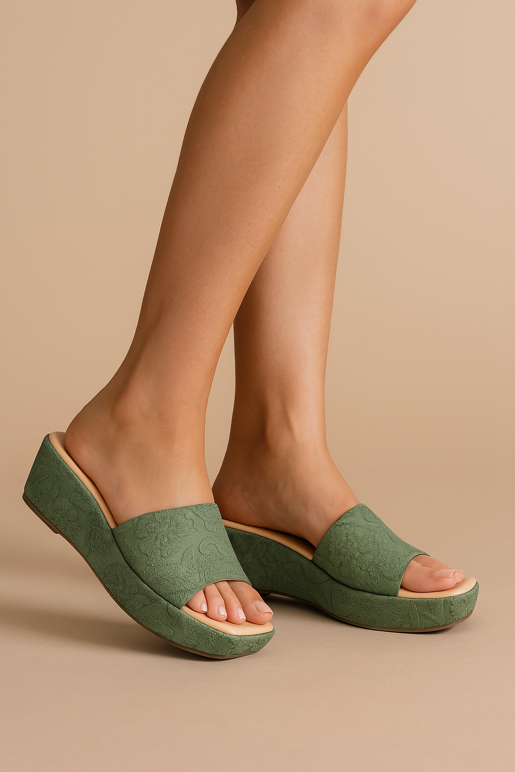 Green Ethnic Slip on Slides Mules Platform Square Toe Wedge Sandals Open Toe Heel Sandals for festivals and wedding occassions