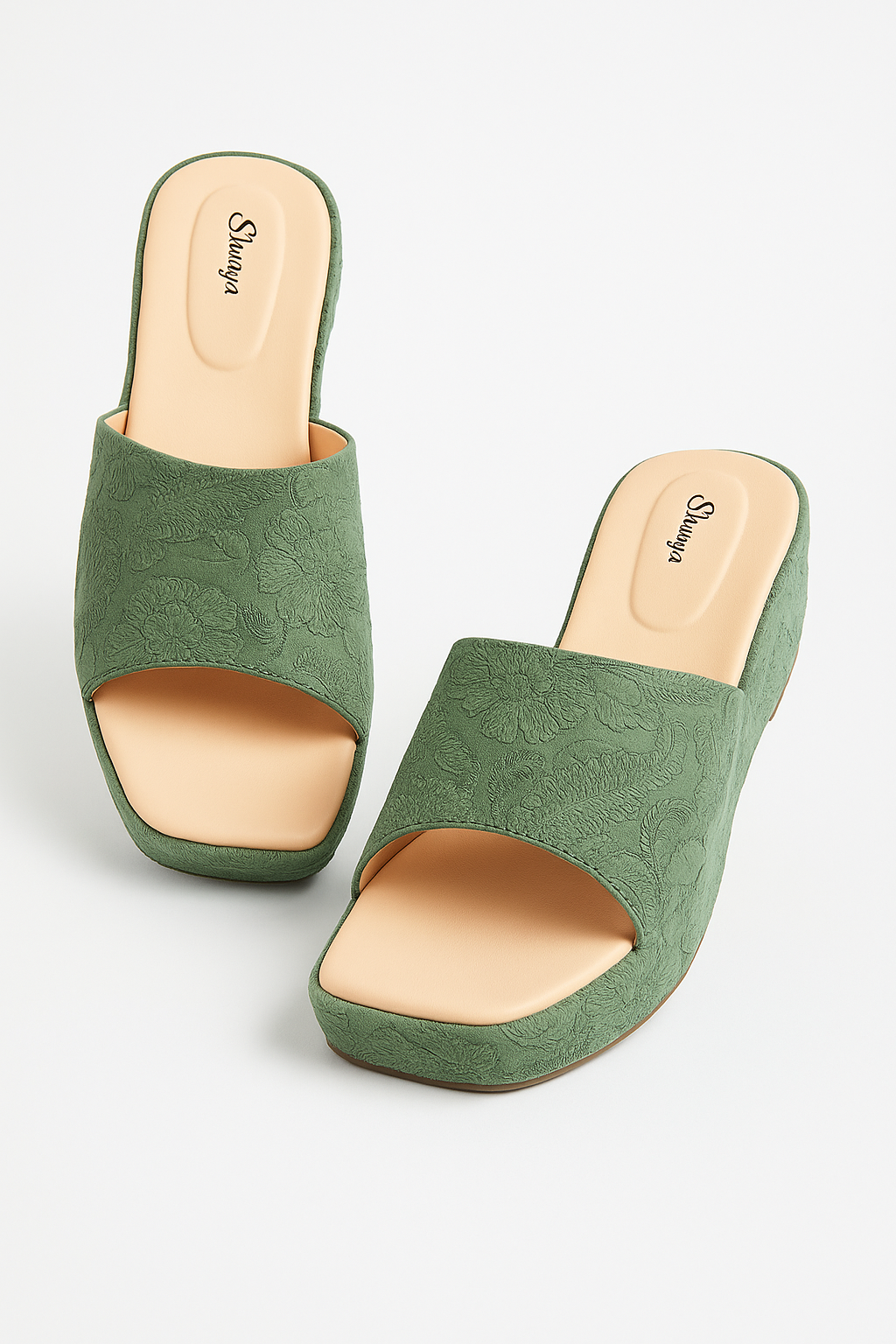 Shunya Women Green  Embroidered Block Heels | Square-Toe Slip-On Stylish Mules for Casual & Ethnic Wear