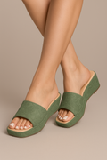 Shunya Women Green  Embroidered Block Heels | Square-Toe Slip-On Stylish Mules for Casual & Ethnic Wear