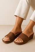 Brown Ethnic Slip on Slides Mules Platform Square Toe Wedge Sandals Open Toe Heel Sandals for festivals and wedding occassions