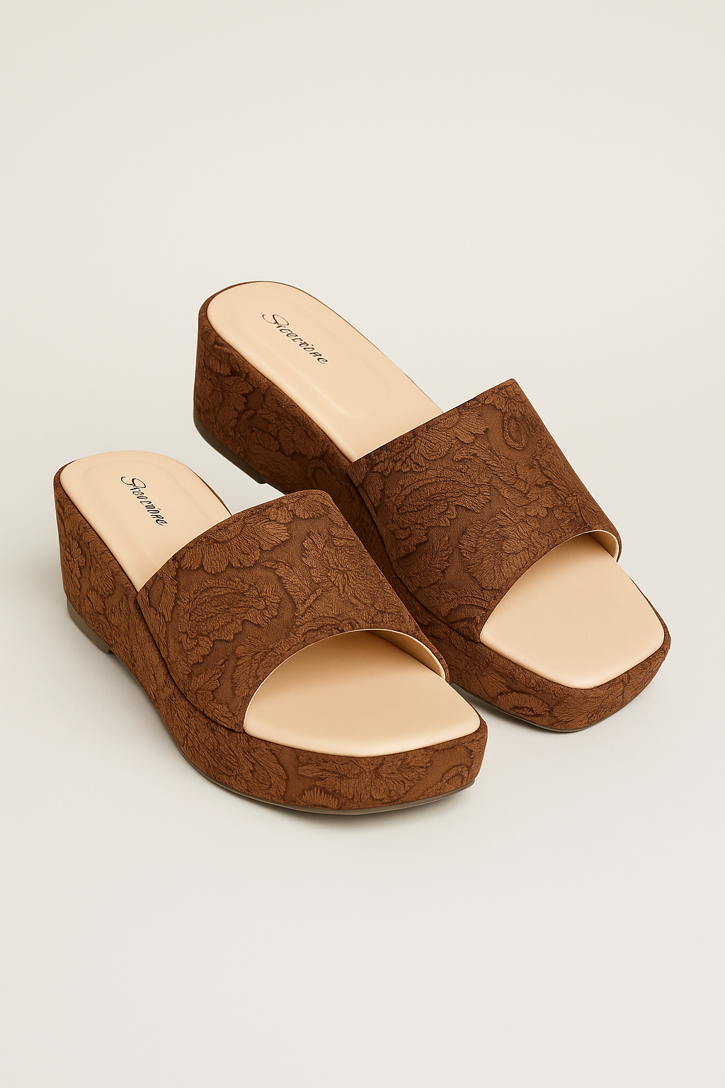 Shunya Women Brown  Embroidered Block Heels | Square-Toe Slip-On Stylish Mules for Casual & Ethnic Wear