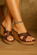 Shunya Women’s Brown Glitter Wedge Heels | Stylish Party Wear Slip-On Sandals with Cork Sole | Comfortable Sparkle Wedges for Wedding, Festive & Daily Wear