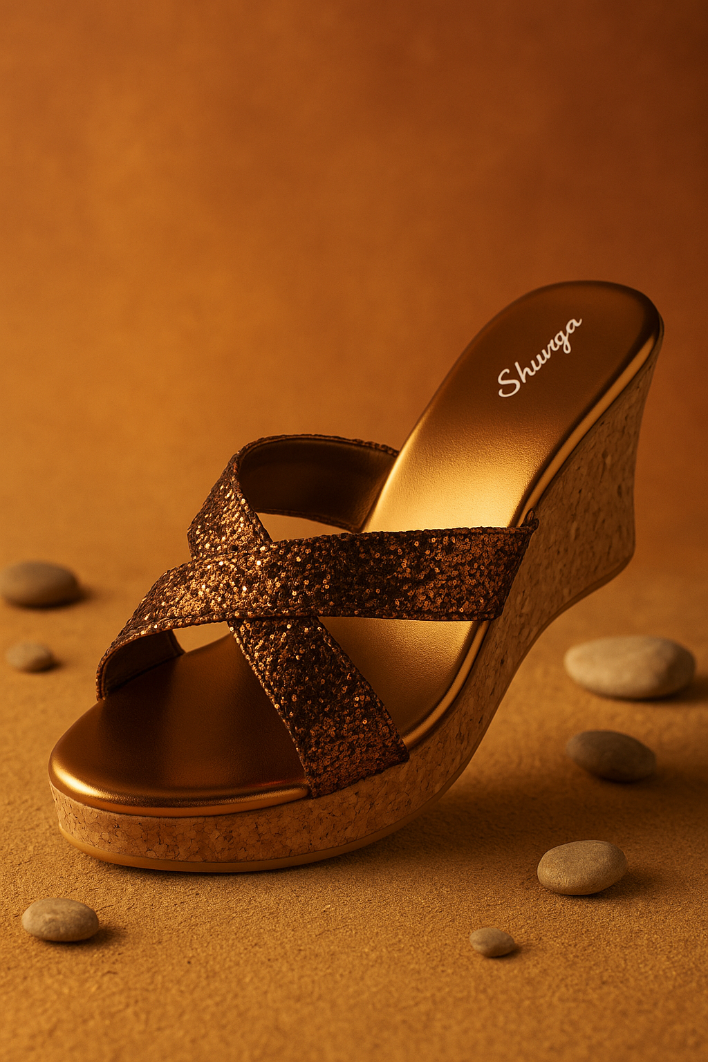 Shunya Women’s Brown Glitter Wedge Heels | Stylish Party Wear Slip-On Sandals with Cork Sole | Comfortable Sparkle Wedges for Wedding, Festive & Daily Wear