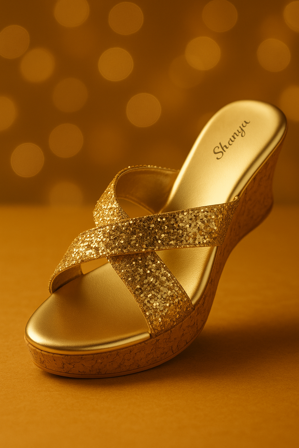 Shunya Women's Gold Sparkle Criss Cross Wedge Sandals | Classy Open Round Toe Wedges | Comfortable Light weight Stylish Slippers | Trendy Criss Cross Pattern For Casual and Wedding Occassions.
