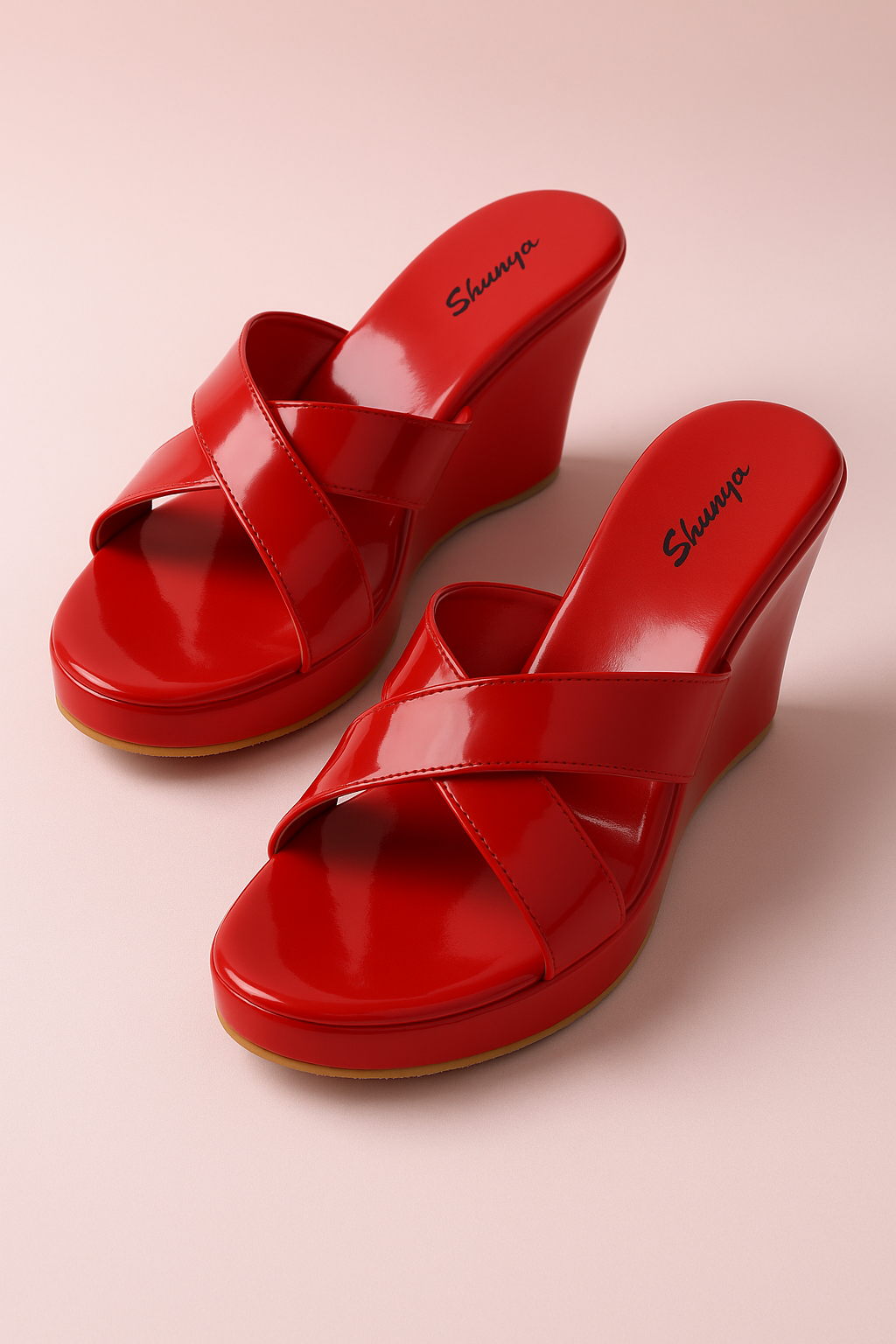 Shunya Women's Red Criss Cross Wedge Sandals | Classy Open Round Toe Wedges | Comfortable Light weight Stylish Slippers | Trendy Criss Cross Pattern For Casual and Wedding Occassions.