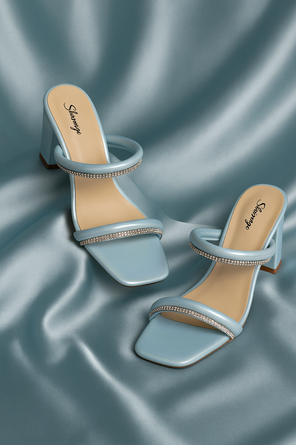 Shunya Women Comfortable S.Blue Open Square toe Block Heel Rhinestone Slip-On 2 Strap Sandal For traditional And wedding Occassions