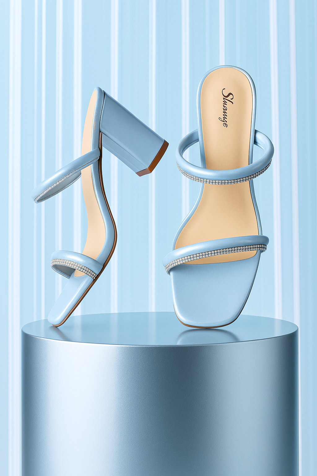 Shunya Women Comfortable S.Blue Open Square toe Block Heel Rhinestone Slip-On 2 Strap Sandal For traditional And wedding Occassions