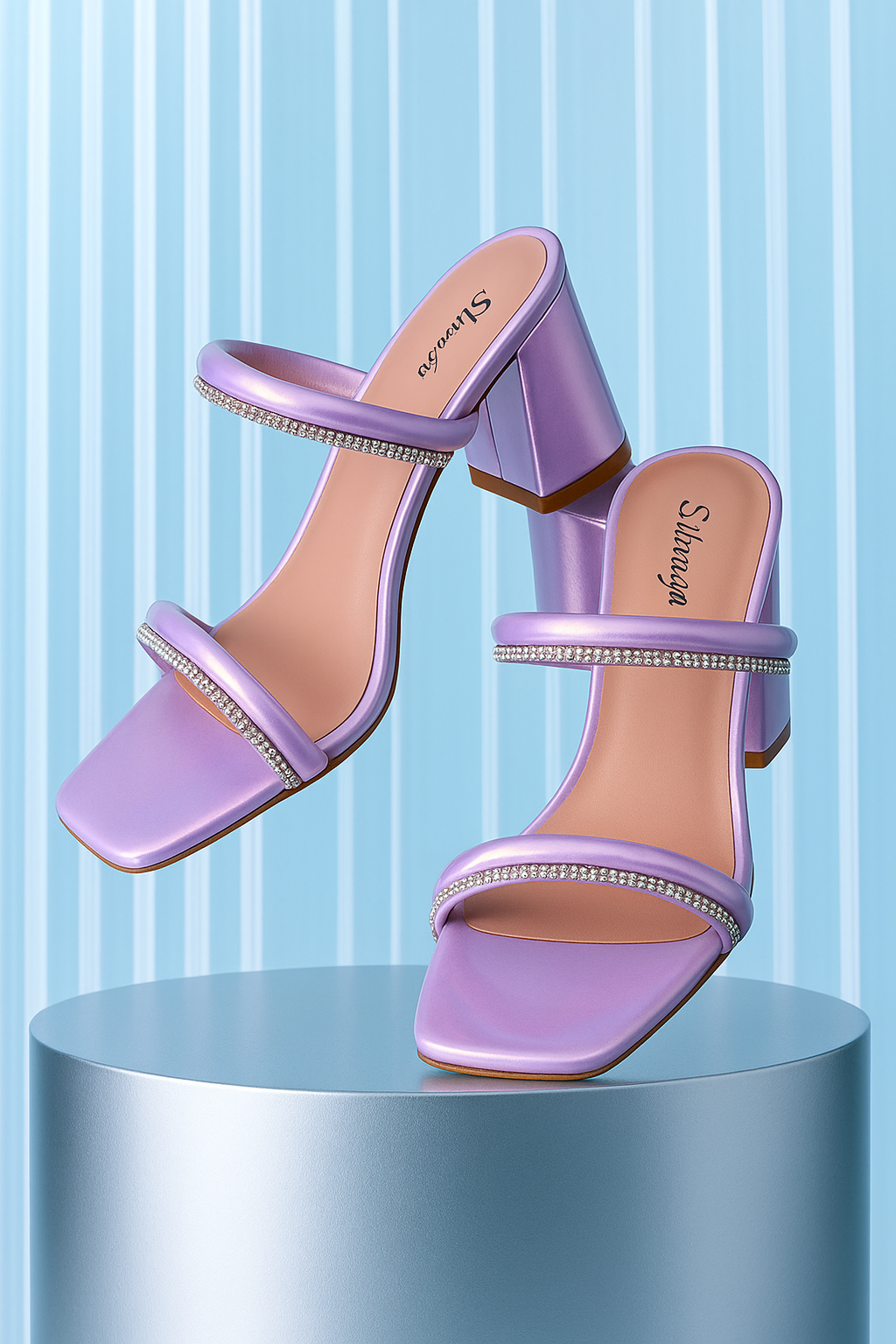 Shunya Women Comfortable Pink Open Square toe Block Heel Rhinestone Slip-On 2 Strap Sandal For traditional And wedding Occassions