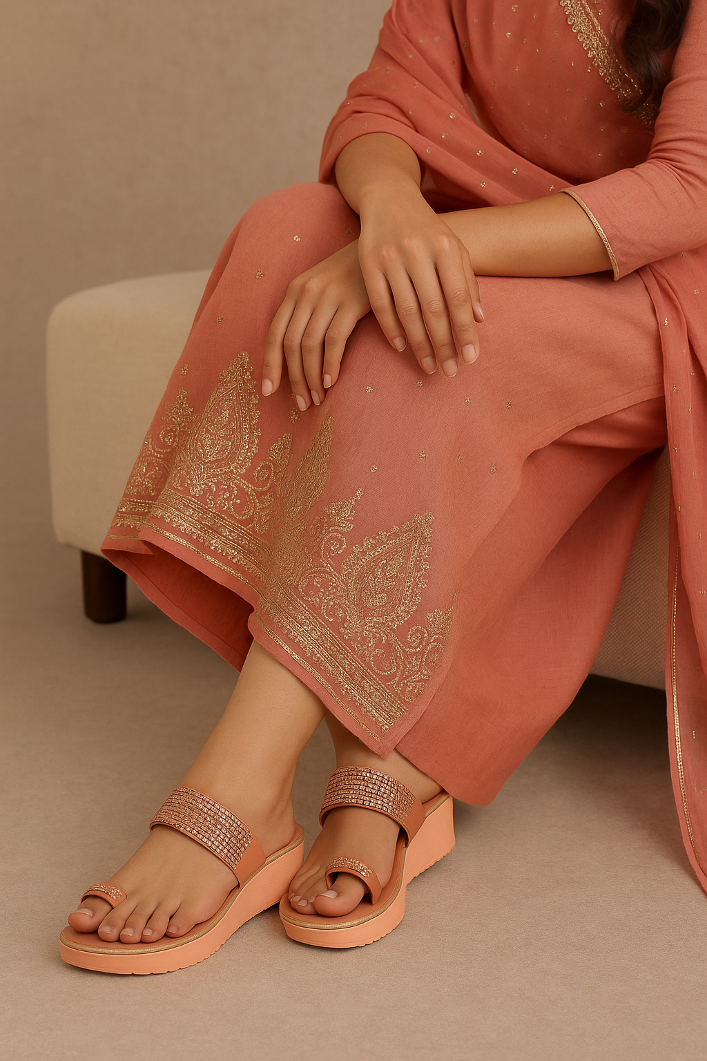 Peach Ethnic toe ring Rhinestone finish sandal