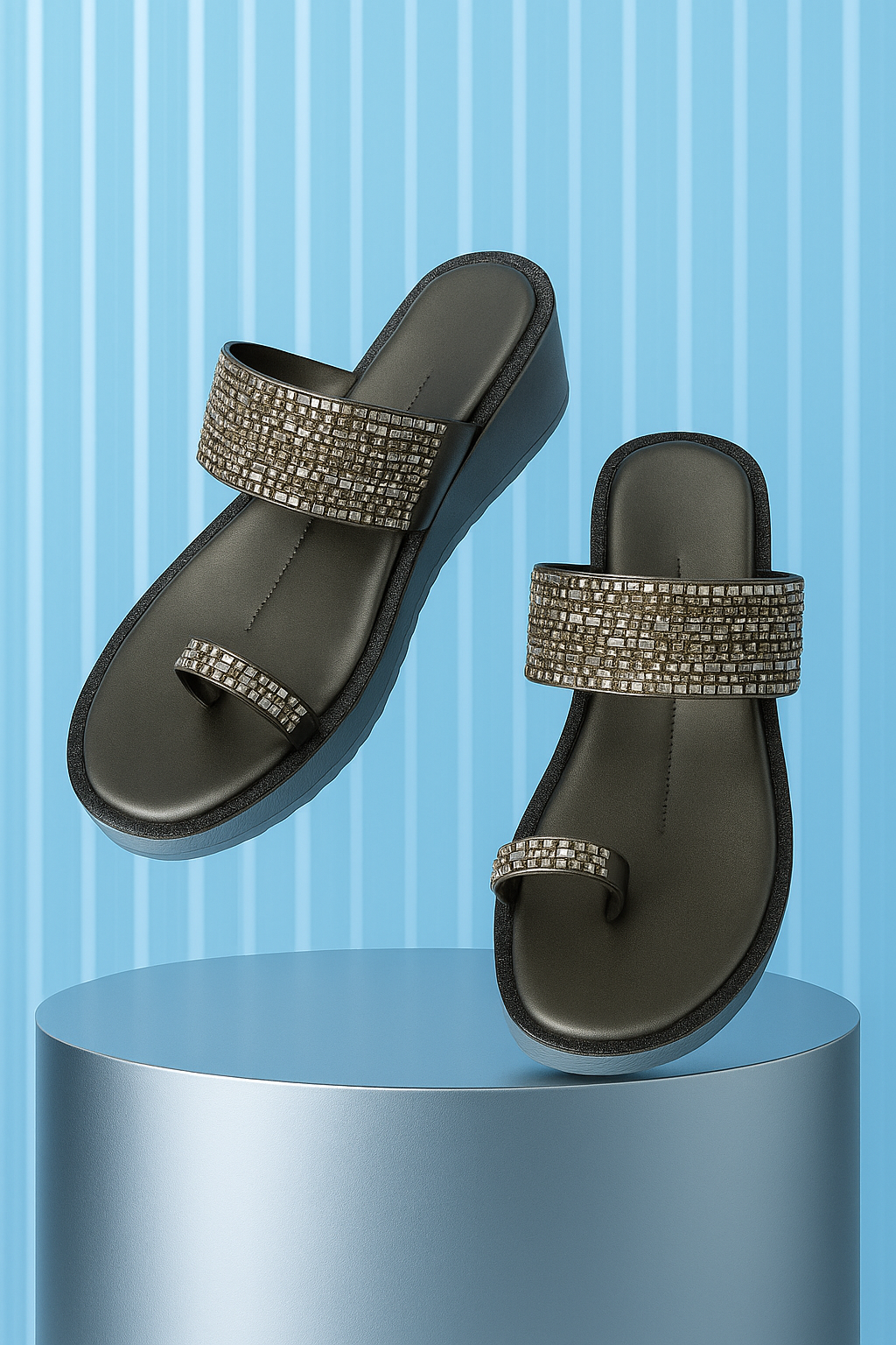 Shunya Grey Stone-Studded Toe Ring Wedge Sandals for Women | Partywear & Festive Footwear | Elegant Slip-On Style