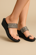 Shunya Black Stone-Studded Wedge Sandals for Women | Partywear Slip-On Toe Ring Heels | Designer Festive Footwear