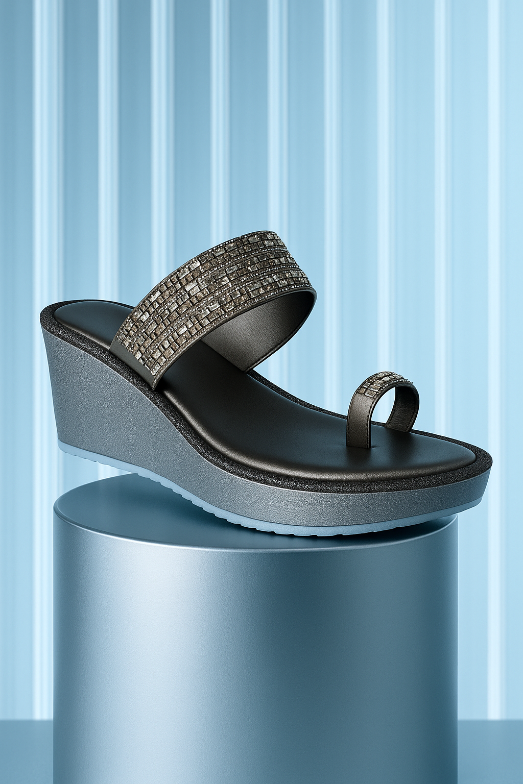Shunya Grey Stone-Studded Toe Ring Wedge Sandals for Women | Partywear & Festive Footwear | Elegant Slip-On Style