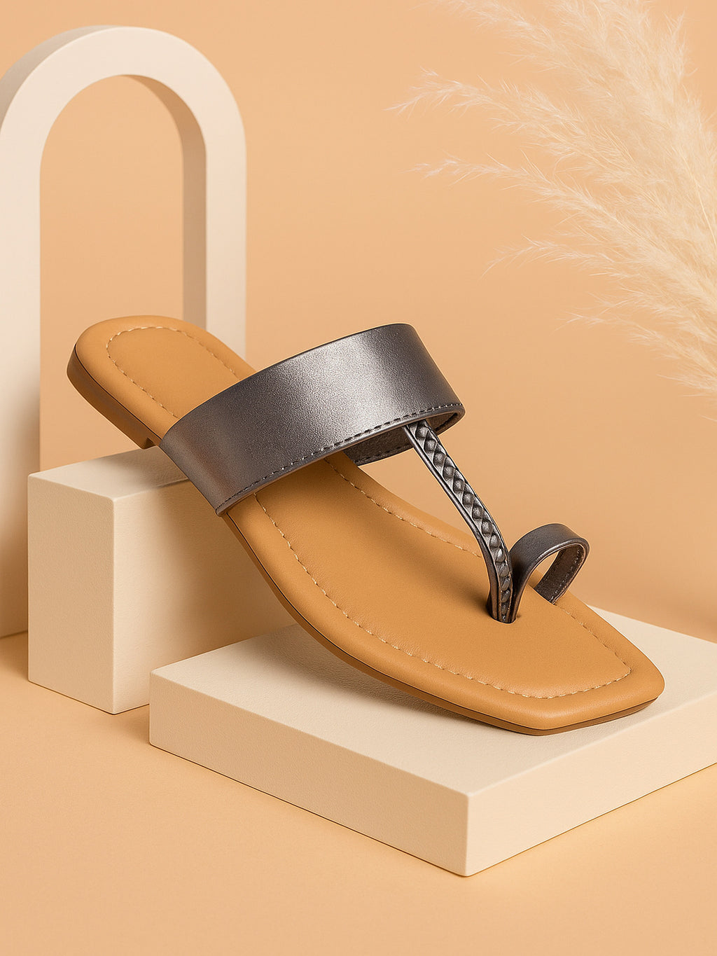 Women's Grey Flats Sandal | Comfortable Flats Sandal Slippers | Classic slipper under 499 | Open Square Toe Ring for Casual & Ethnic Occassions.