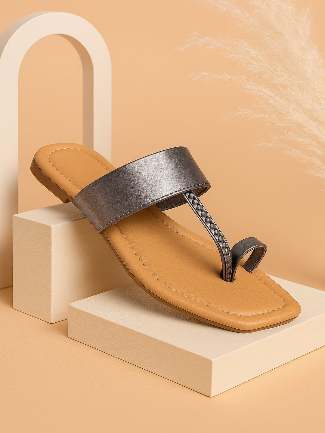 Women's Grey Flats Sandal | Comfortable Flats Sandal Slippers | Classic slipper under 499 | Open Square Toe Ring for Casual & Ethnic Occassions.