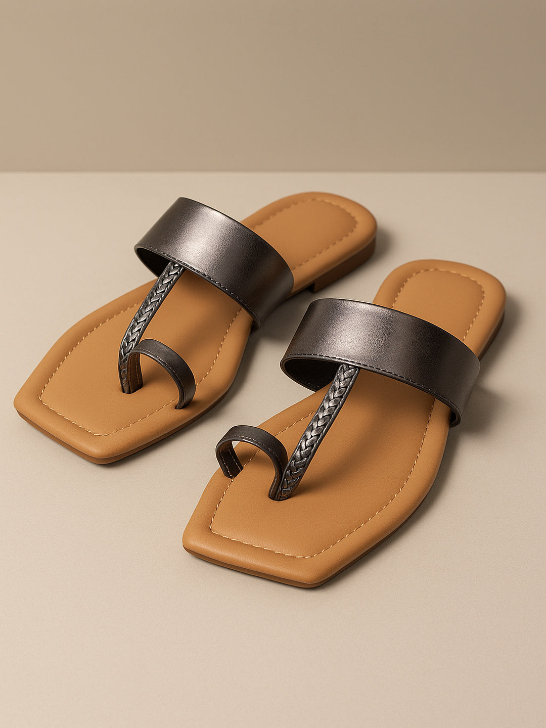 Women's Grey Flats Sandal | Comfortable Flats Sandal Slippers | Classic slipper under 499 | Open Square Toe Ring for Casual & Ethnic Occassions.