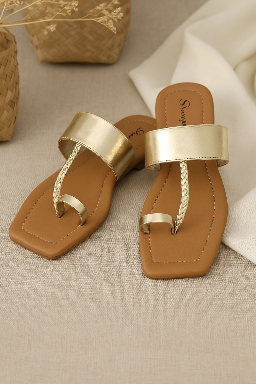 Women's Gold Flats Sandal | Comfortable Flats Sandal Slippers | Classic slipper under 499 | Open Square Toe Ring for Casual & Ethnic Occassions.