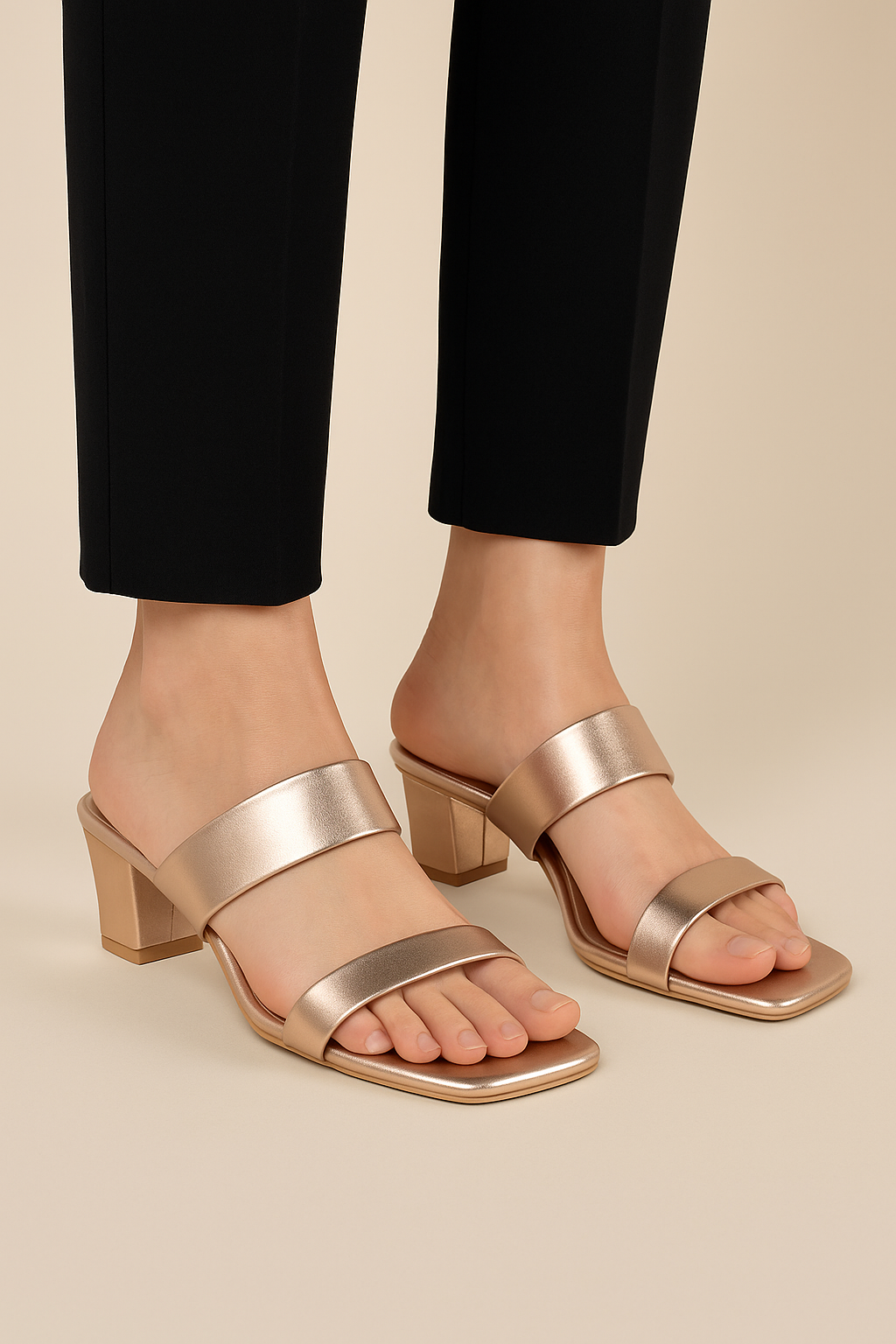 Trendy Gold Block Heel Slip-On Sandals for Women | Party & Casual Wear | Shunya Footwear