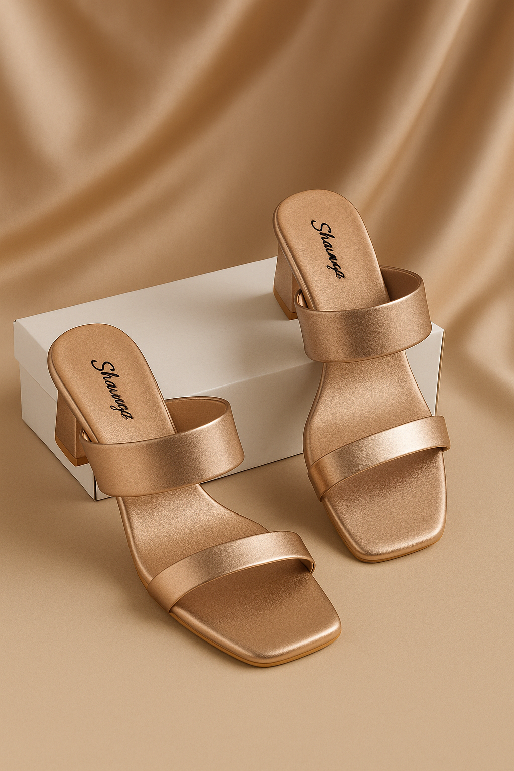 Trendy Gold Block Heel Slip-On Sandals for Women | Party & Casual Wear | Shunya Footwear
