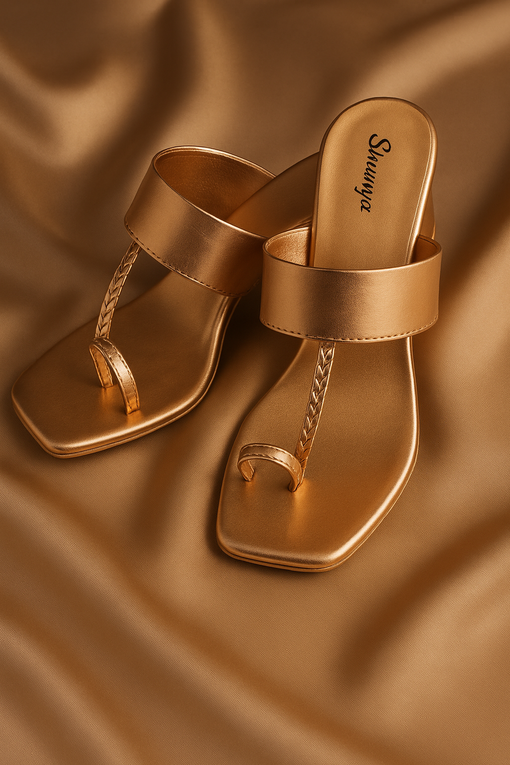 Women's Gold Square Toe Block Heel Sandals | Smart Slip-On Toe Ring Sandals | Open Square Toe for Casual, Ethnic & Wedding Occasions