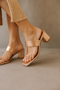 Women's Gold Square Toe Block Heel Sandals | Smart Slip-On Toe Ring Sandals | Open Square Toe for Casual, Ethnic & Wedding Occasions